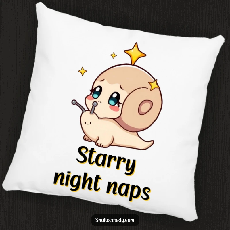 Funny pillow with a snail curiously observing a starry night sky. Soft, dreamy, and humorous.