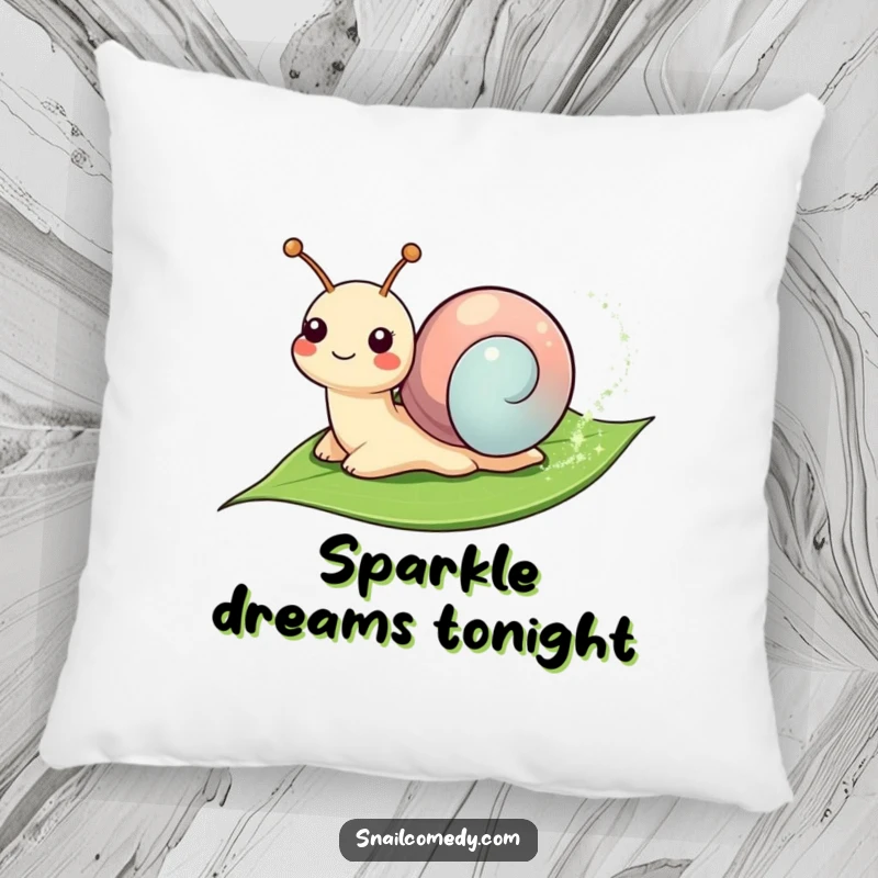 Funny Pillow: Smiling snail leaving a sparkly trail on a leaf, offering comfort and a touch of magical snail humor.