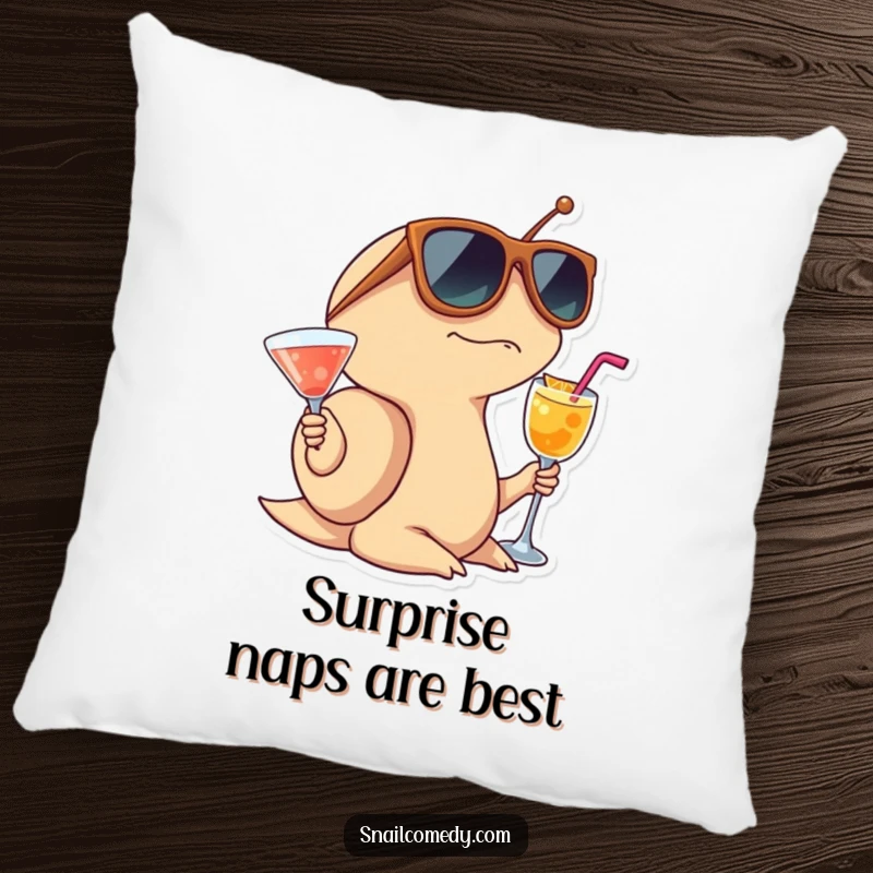 Funny Snail Pillow featuring a surprised snail wearing large sunglasses and holding a cocktail, perfect for cozying up.