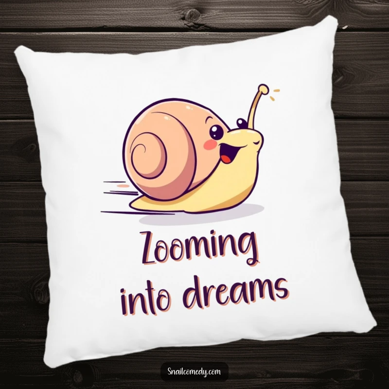 Excited kawaii snail zooming forward with surprising speed on a soft and comfortable pillow.