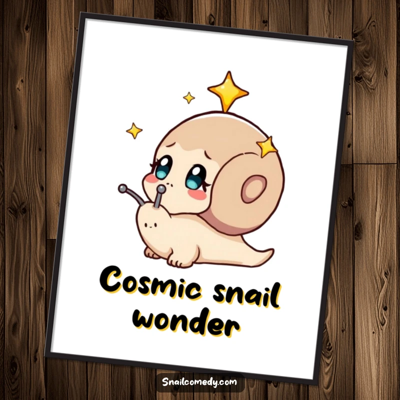 Funny digital art print of a snail curiously gazing at a starry night sky. Instant dreamy decor.