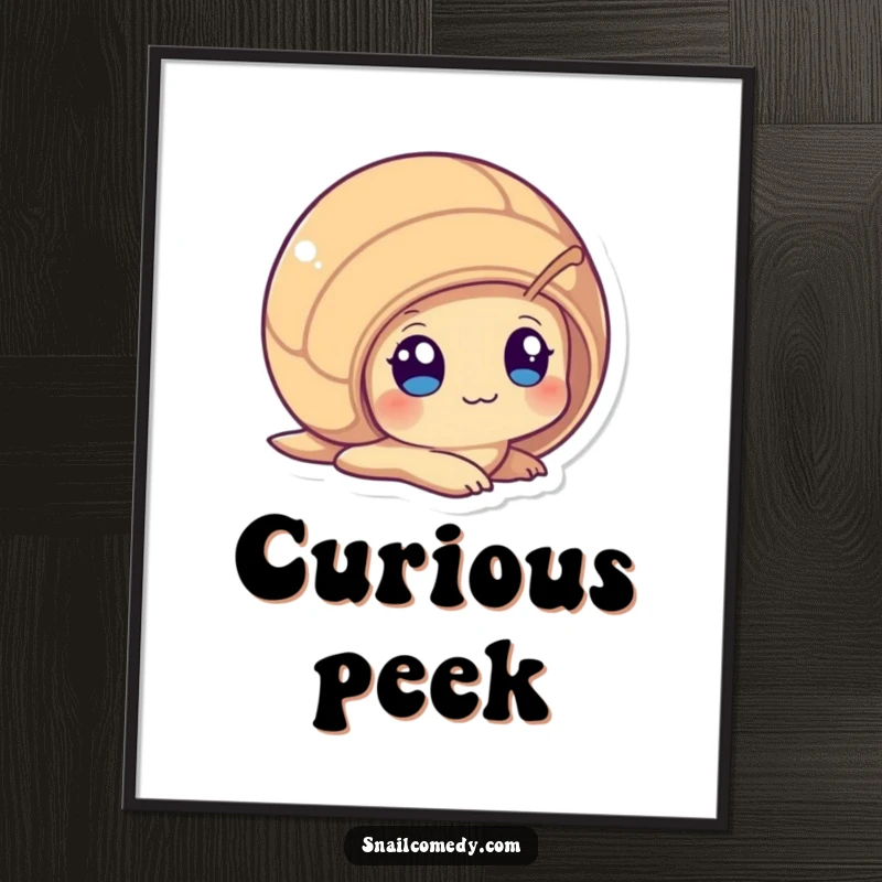 Funny Peeking Kawaii Snail Digital Art Print, playfully peeking from its shell with wide, curious eyes, creating humorous and curious wall decor.