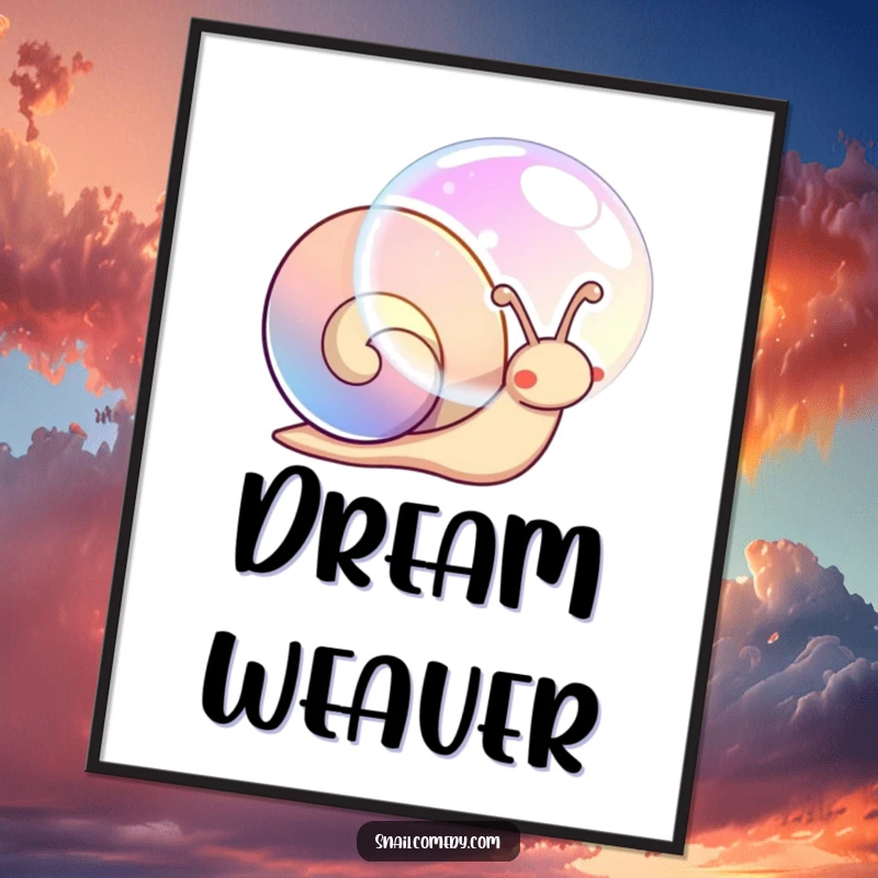 Funny digital art print of a kawaii snail blowing a large, shimmering, iridescent bubble.