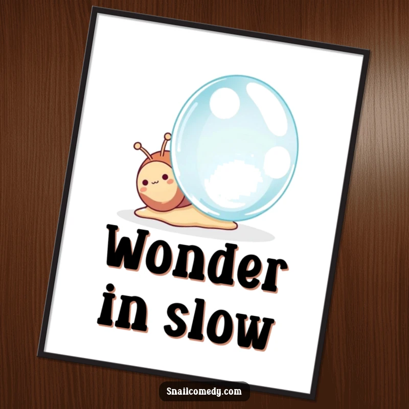 Funny Kawaii Snail Digital Art Print, a cute snail curiously examining a giant dewdrop with awe, instant downloadable decor.