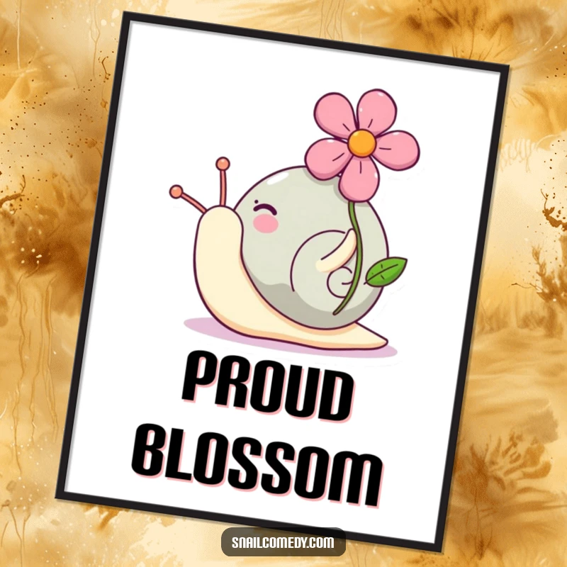 Funny Kawaii snail digital art print of a cute snail proudly carrying a bright flower on its shell, perfect for download.