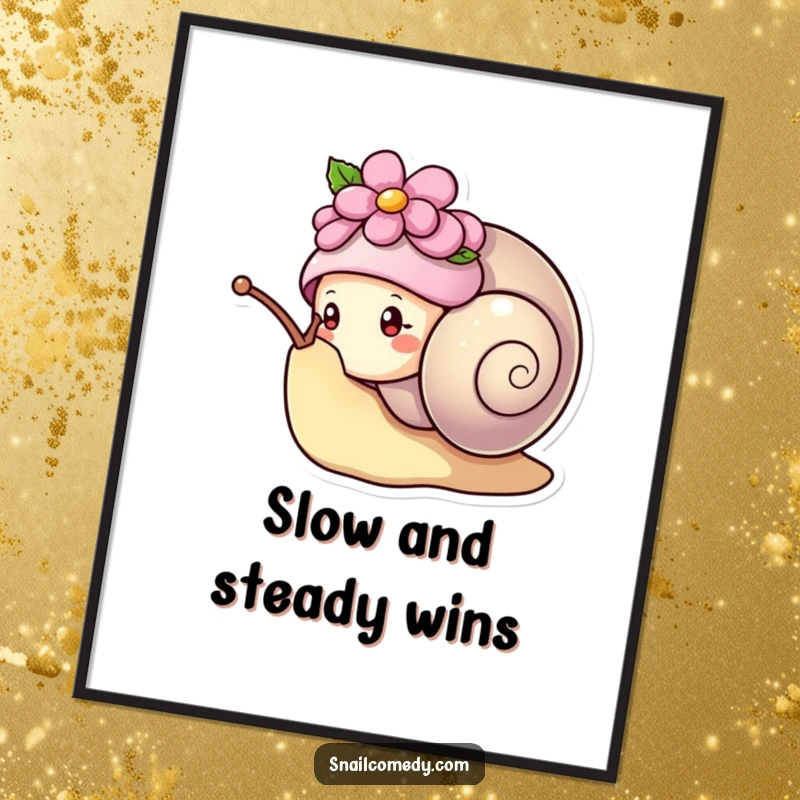 Funny kawaii snail wearing a flower hat, peeking curiously from its shell, charming digital art print.