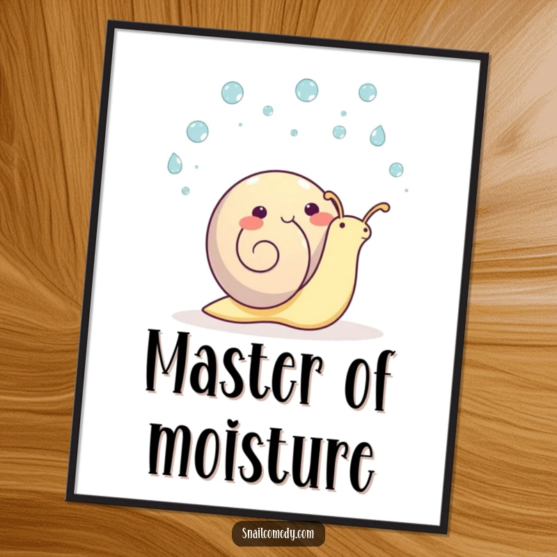 Funny kawaii snail digital art, a happy snail juggling raindrops, bringing cheerful vibes.