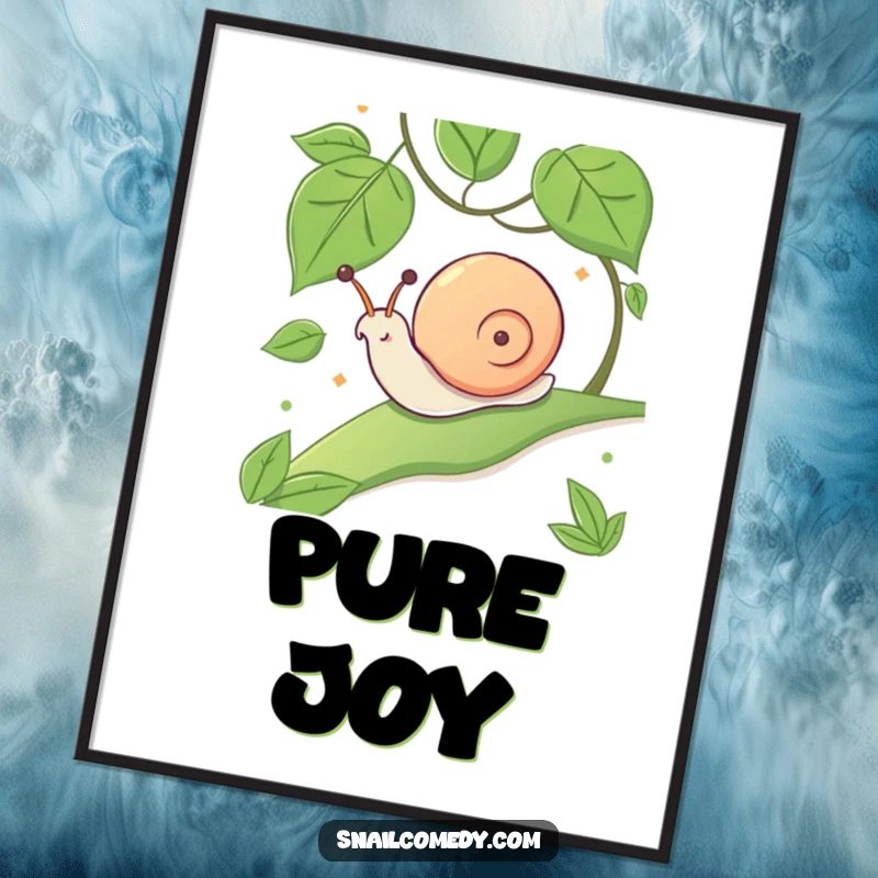 Funny digital art print of a kawaii snail sliding down a leafy slope with an expression of pure glee.