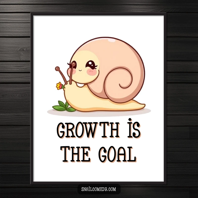 Funny playful snail nudging a tiny flower bud with its head on a printable digital art piece, a heartwarming funny gift.