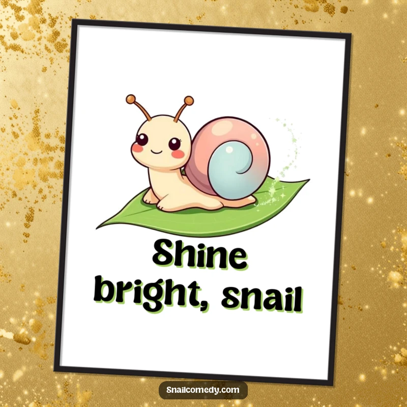 Funny Digital Art Print: Smiling snail leaving a sparkly trail on a leaf, perfect for instant, magical home decor.