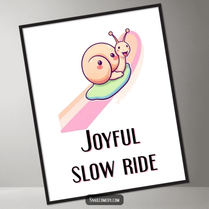 Funny snail digital art print showing a joyful snail sliding down a rainbow, ready for instant download and display.