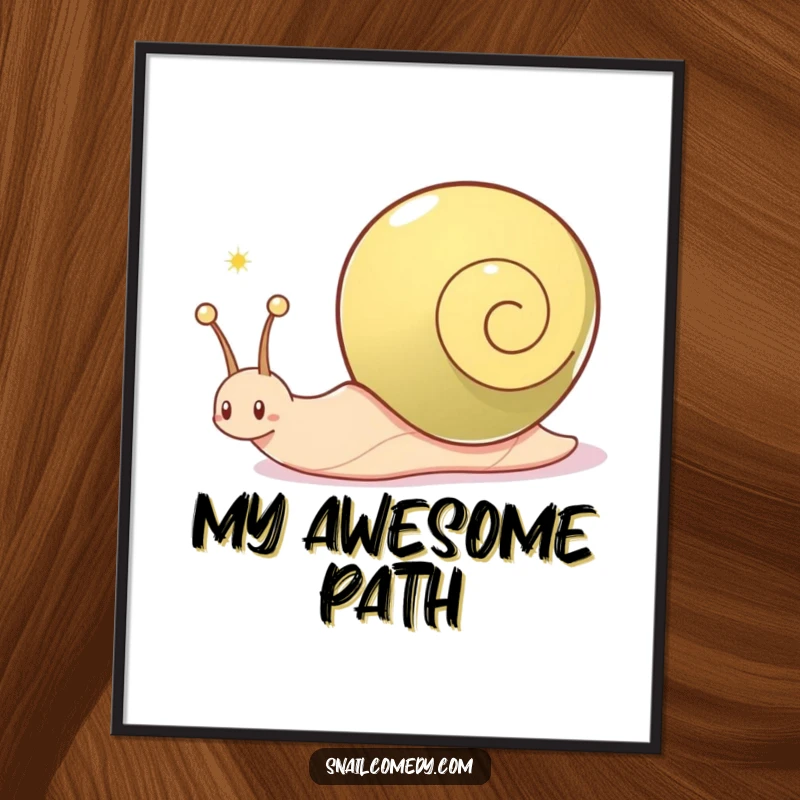 Funny snail digital art print, a snail character joyfully leaves a shimmering trail, downloadable art for instant magic.
