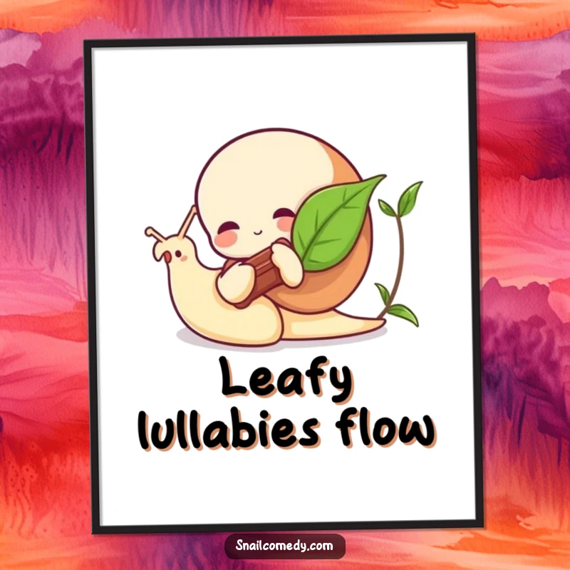 Funny snail digital art print of a snail playing a leaf instrument, charming and humorous wall art.