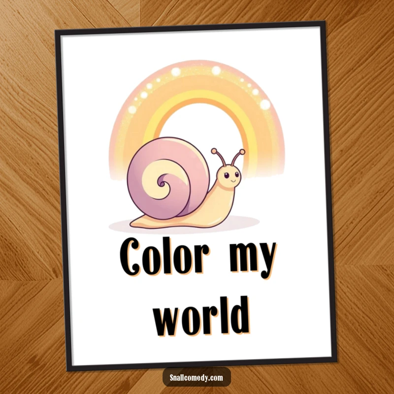 Funny happy snail character admiring an oversized, shimmering rainbow, digital art print, instant cheerful decor.