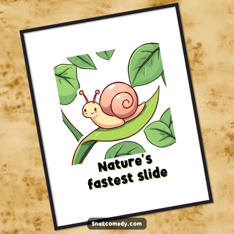 Funny, energetic snail character delighting in a slippery leaf slide, rendered as a vibrant digital art print for humorous display.