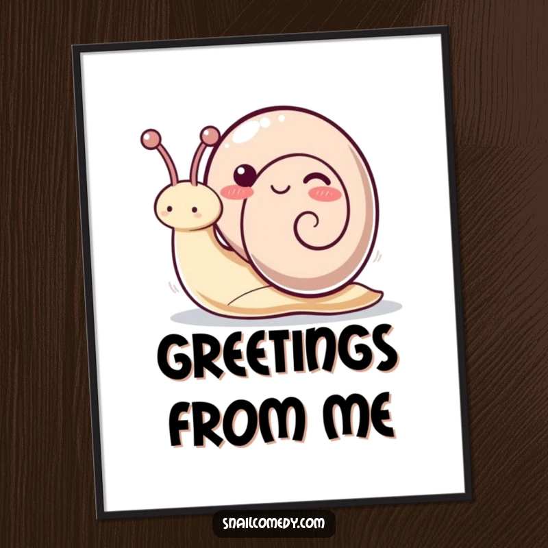 Funny kawaii snail digital art print of a playful snail waving its antennae, offering instant whimsical charm and humor.