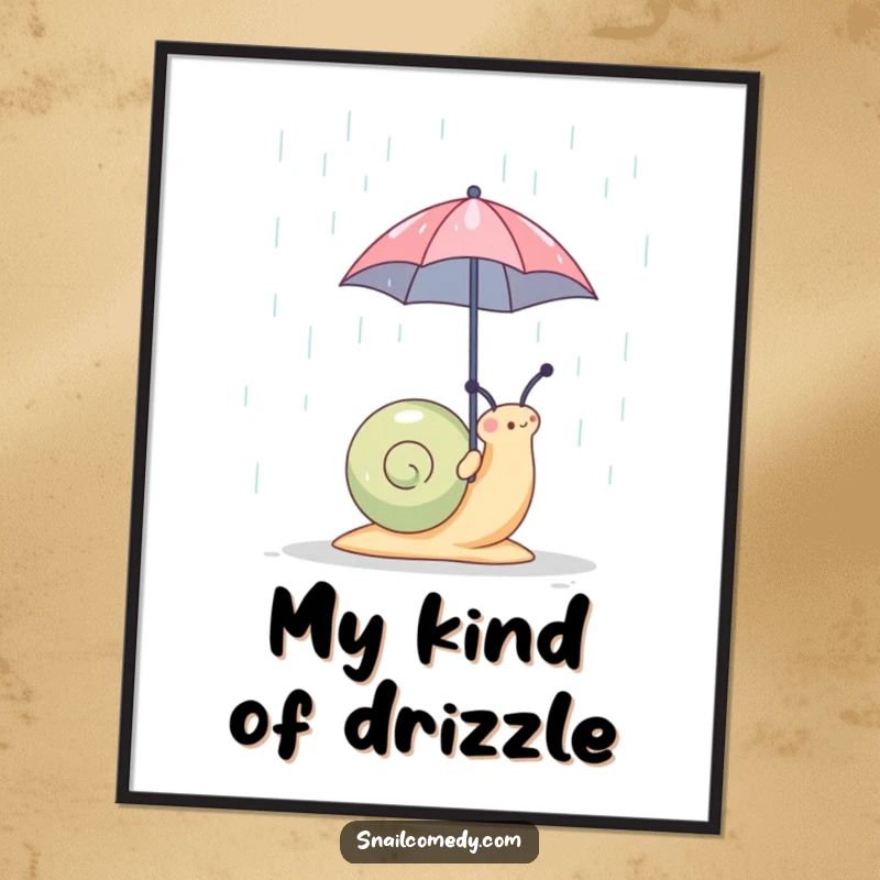 Funny snail holding a tiny umbrella in the rain, offered as a digital art print, radiating humor and charm for home decor, a fantastic funny gift.