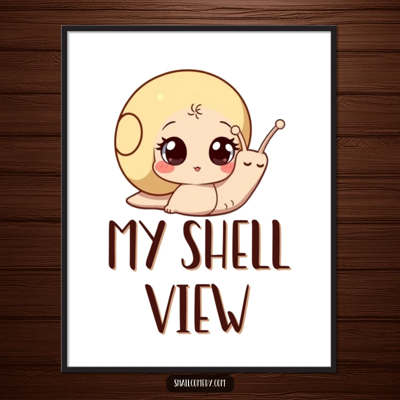 Funny snail digital art print: a wide-eyed curious snail peeking out from its shell, full of wonder and charm.