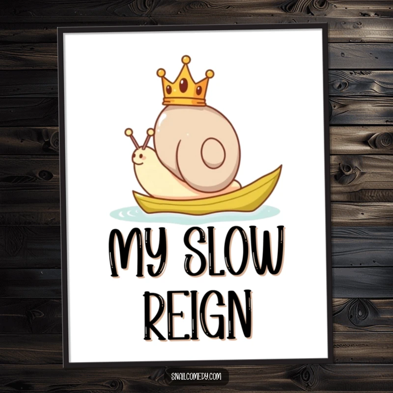 Funny Snail Digital Art Print: A snail adorned with a tiny crown, sailing on a leaf boat, bringing whimsical charm to your space.