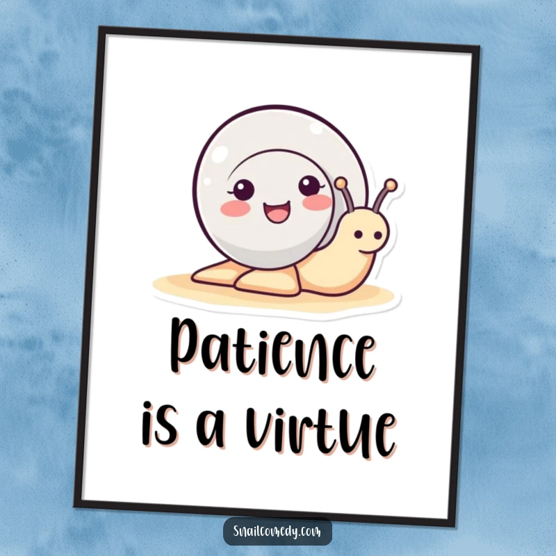 Funny cute snail peeking its head out of its shell, smiling vibrantly on a digital art print, a versatile funny gift.