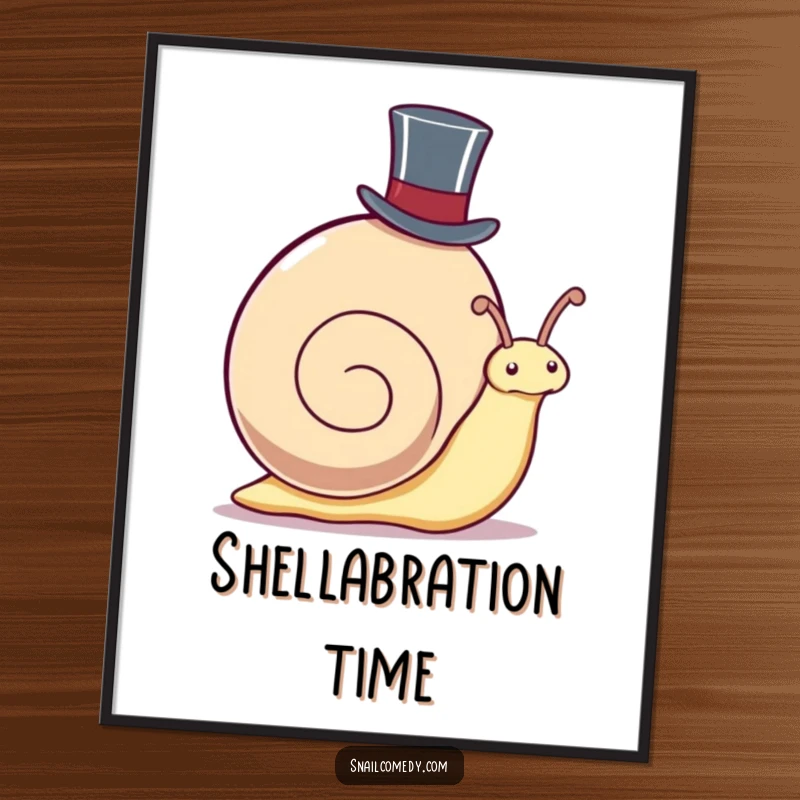 Funny Digital Art Print: Kawaii snail wearing a top hat, peeking out, perfect for instant, dapper home decor.