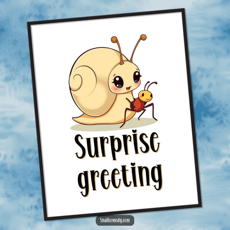 Funny digital art print of a surprised snail character meeting a friendly ant, offering instant charm and humorous interaction.