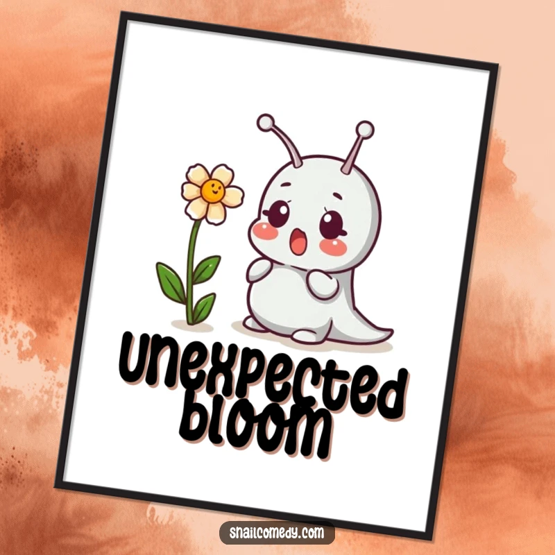 Funny digital art print of a surprised snail and a giggling flower, perfect for instant wall decor.