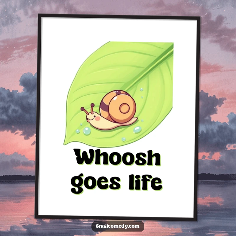 Funny Kawaii snail making a whoosh down a wet leaf, rendered as digital art for instant smiles.