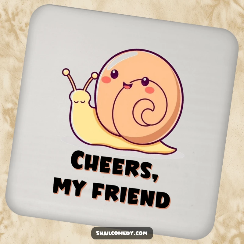 Funny Kawaii snail’s antenna wave on a coaster, adding humorous protection to tables.