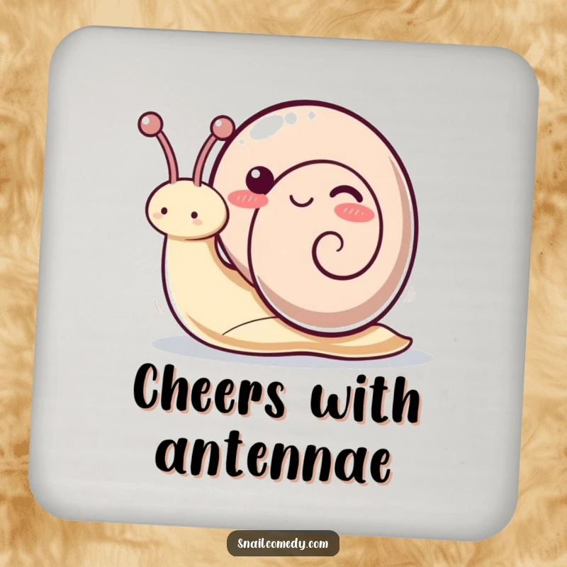 Funny kawaii snail coaster featuring a playful snail waving its antennae, adding whimsical humor to any table.