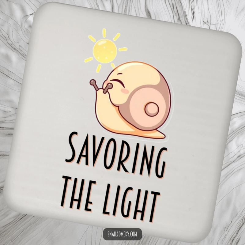 Funny coasters featuring a content snail character basking in a sunbeam, eyes closed peacefully, protecting surfaces with tranquil art.