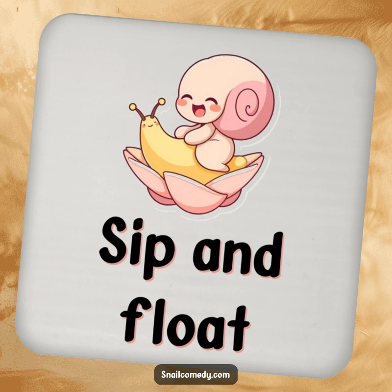 Funny drink coaster depicting a snail giggling while riding a floating petal. A whimsical surface protector.