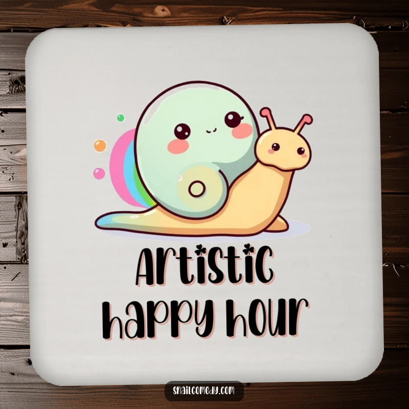 Funny Snail Coaster featuring a happy snail painting a rainbow with its slime trail, protecting furniture with color.