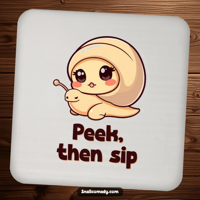 Funny Kawaii Snail Coasters: Cute snail peeking from shell with curious eyes, protecting surfaces with humor, perfect funny gift.