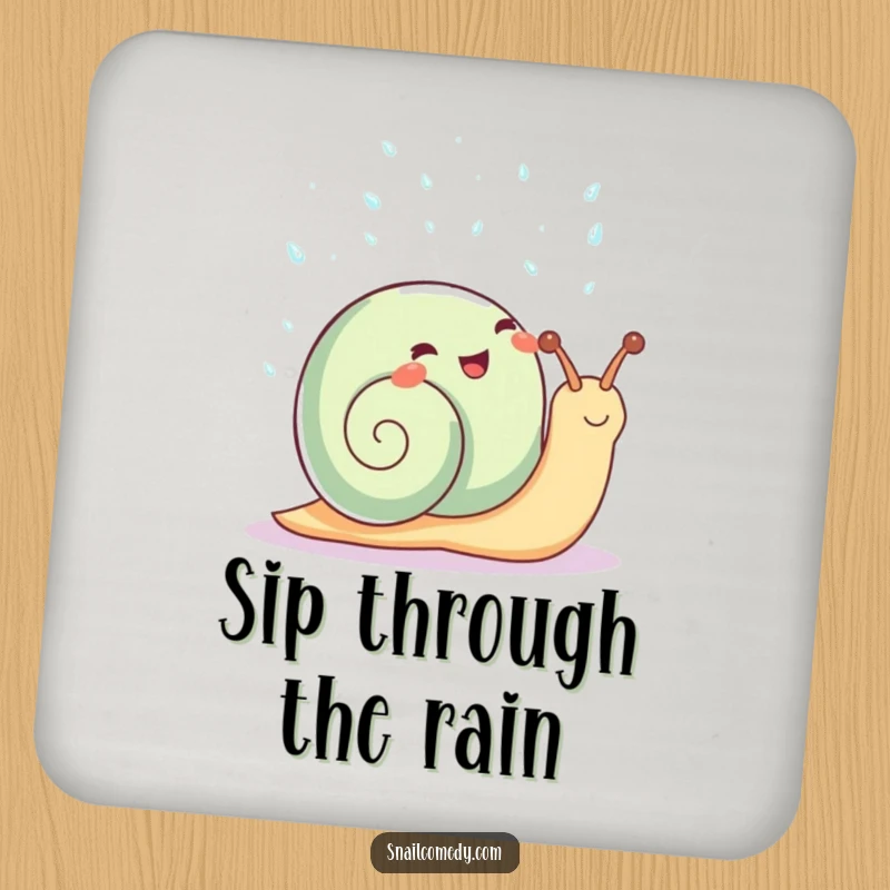 Funny Kawaii Snail Coasters: Cute snail showering in sparkling raindrops, protecting surfaces with humor, perfect funny gift.