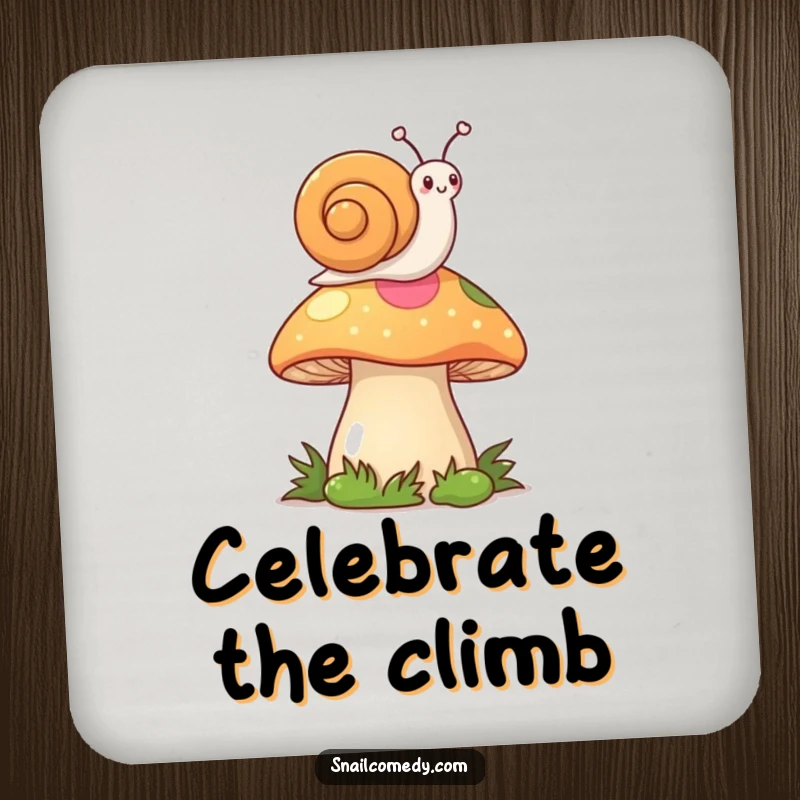 Funny Kawaii Snail Coasters: Cute snail waving flag from mushroom, protecting surfaces with humor, perfect funny gift.