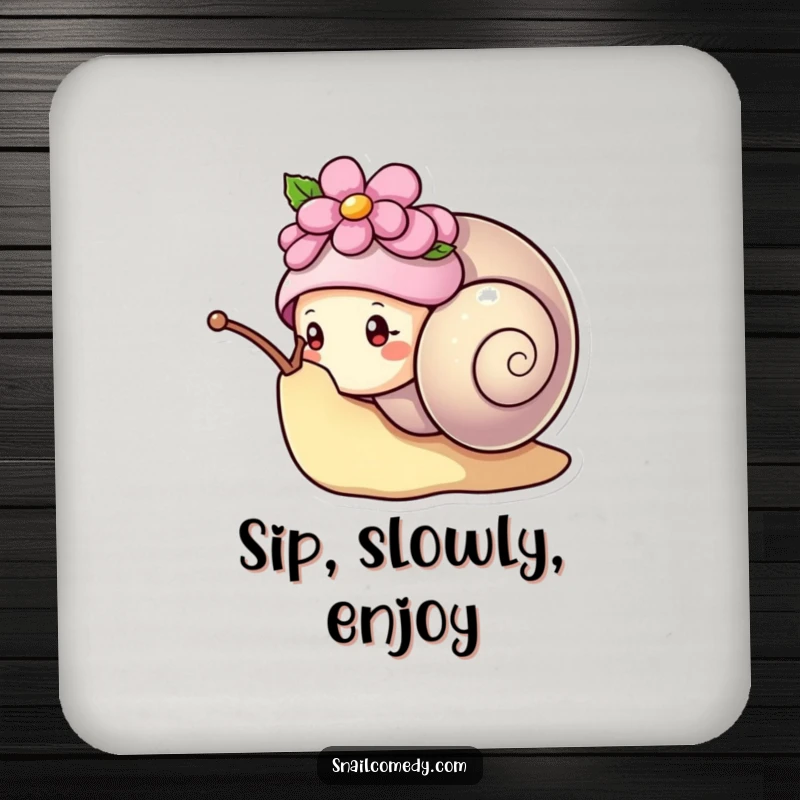 Funny kawaii snail wearing a flower hat, peeking curiously from its shell, protective and humorous drink coaster.