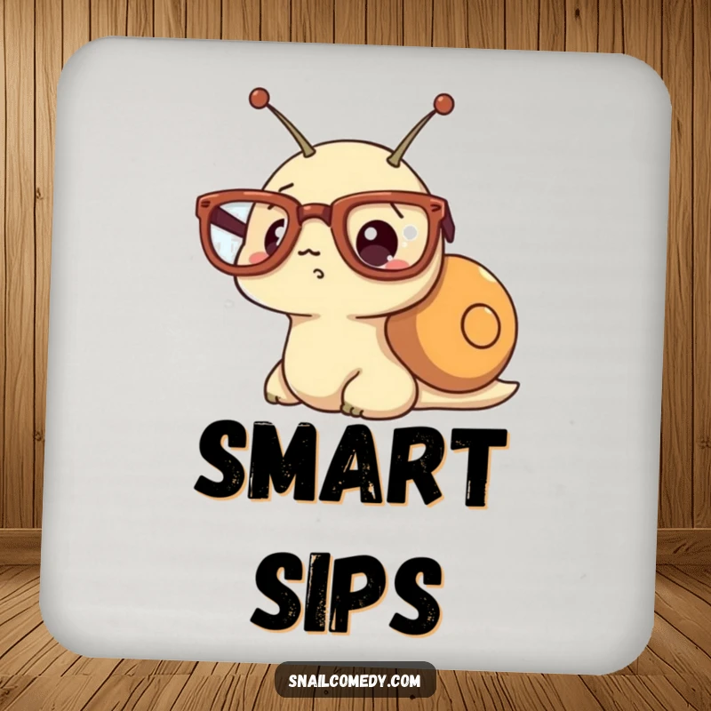 Funny drink coaster featuring a kawaii snail wearing oversized glasses and a surprised expression.