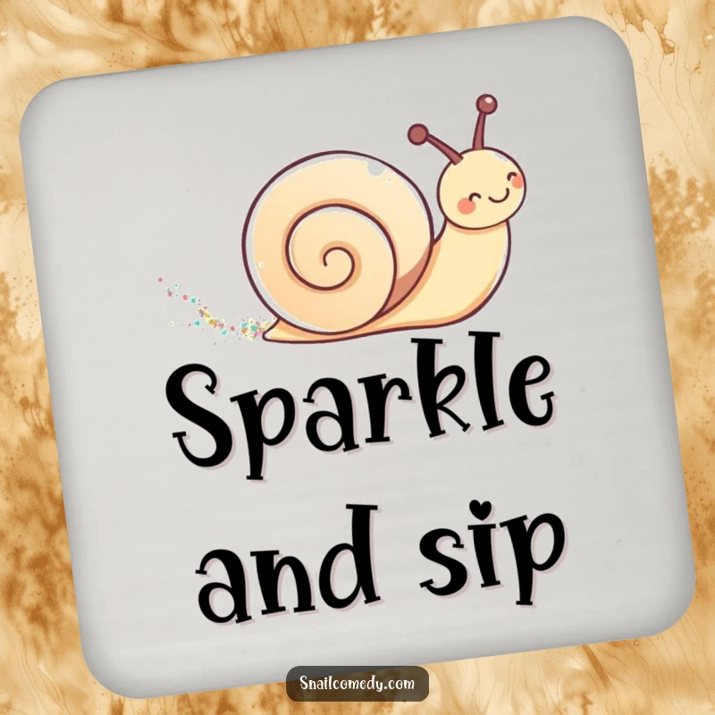 Cute kawaii snail leaving a shimmering glitter trail on a drink coaster, adding magical protection.