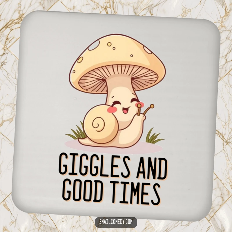 Funny Snail Coaster featuring a mischievous snail peeking from under a mushroom, giggling, protecting furniture with humor.