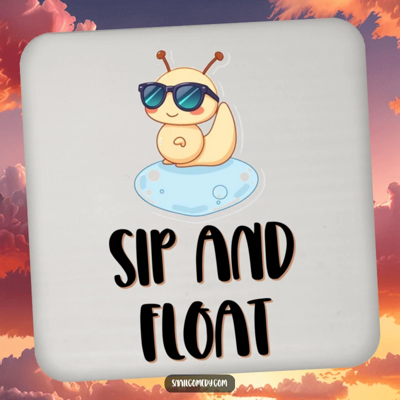 Funny drink coaster with a snail character in sunglasses, happily floating on a water drop, for stylish protection.