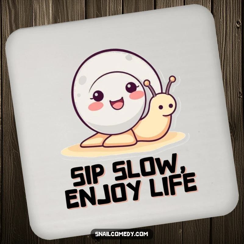 Funny cute snail peeking its head out of its shell, smiling daintily on a protective drink coaster, an elegant funny gift.
