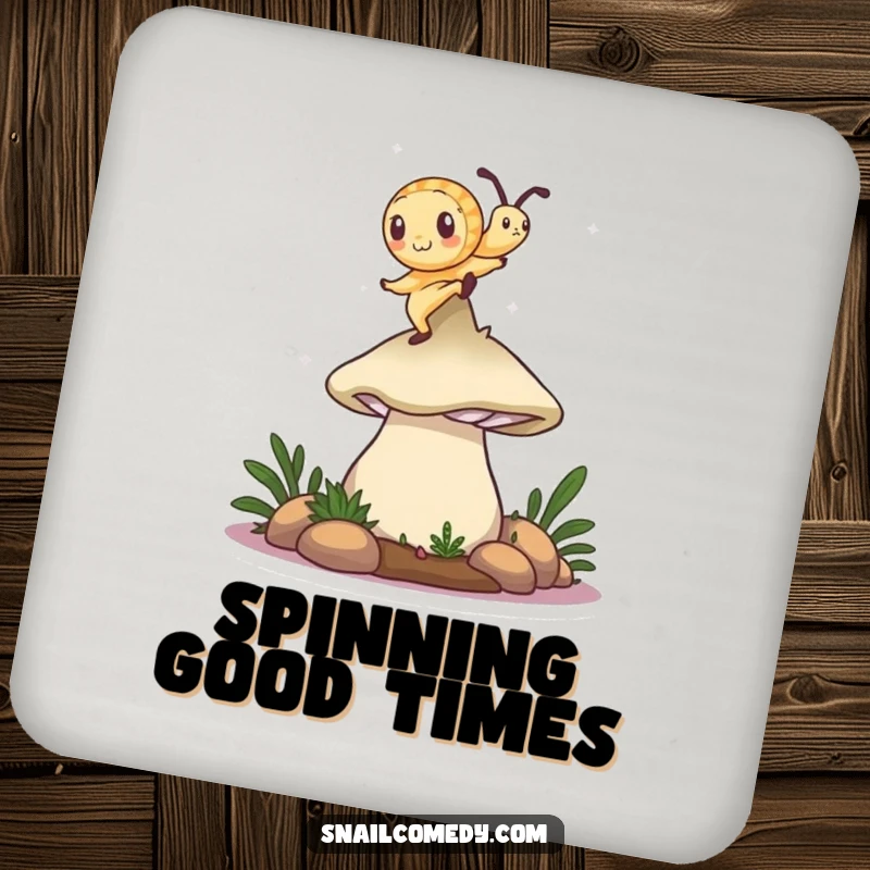 Funny snail coaster featuring a snail dancing on a mushroom cap, a protective and whimsical addition to any table.