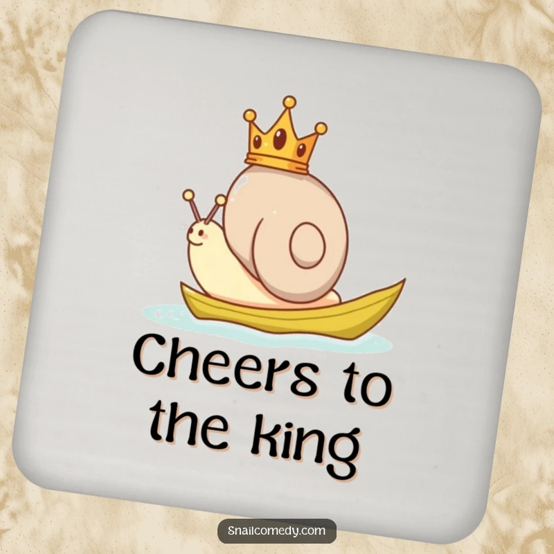 Funny Snail Coaster featuring a snail wearing a small crown, sailing on a leaf, protecting furniture with regal humor.