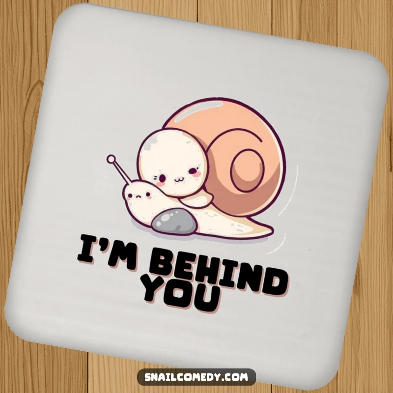 Funny drink coaster with a shy snail character hiding behind a pebble, offering surface protection with cute, playful art.
