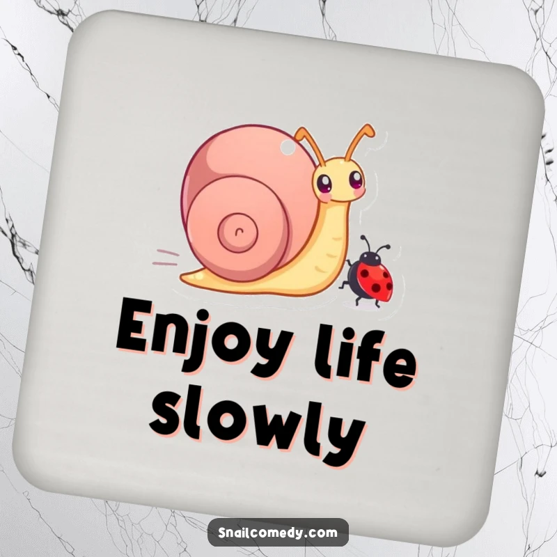 Funny drink coaster with a snail character joyfully racing a tiny ladybug, a humorous table accessory.