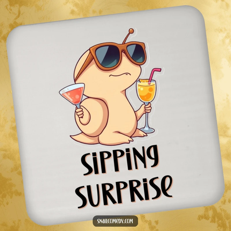 Funny Snail Coaster featuring a snail wearing large sunglasses and holding a cocktail, looking surprised and protecting furniture.