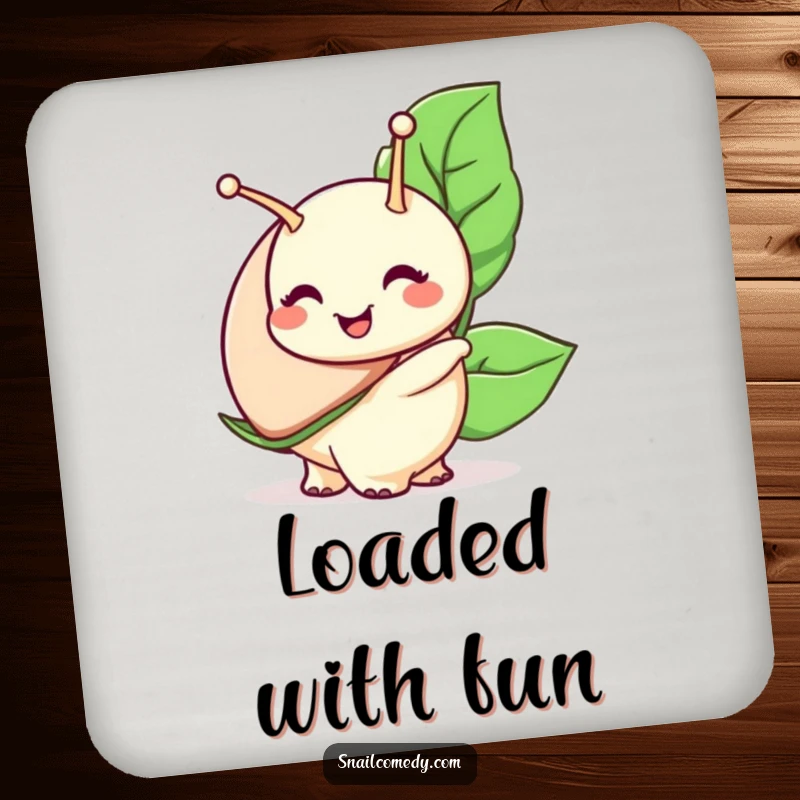 Funny snail coaster, a snail character with a wide smile carries a large leaf, protecting surfaces with cheer.