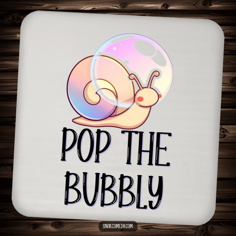 Funny drink coaster featuring a kawaii snail blowing a large, shimmering, iridescent bubble.