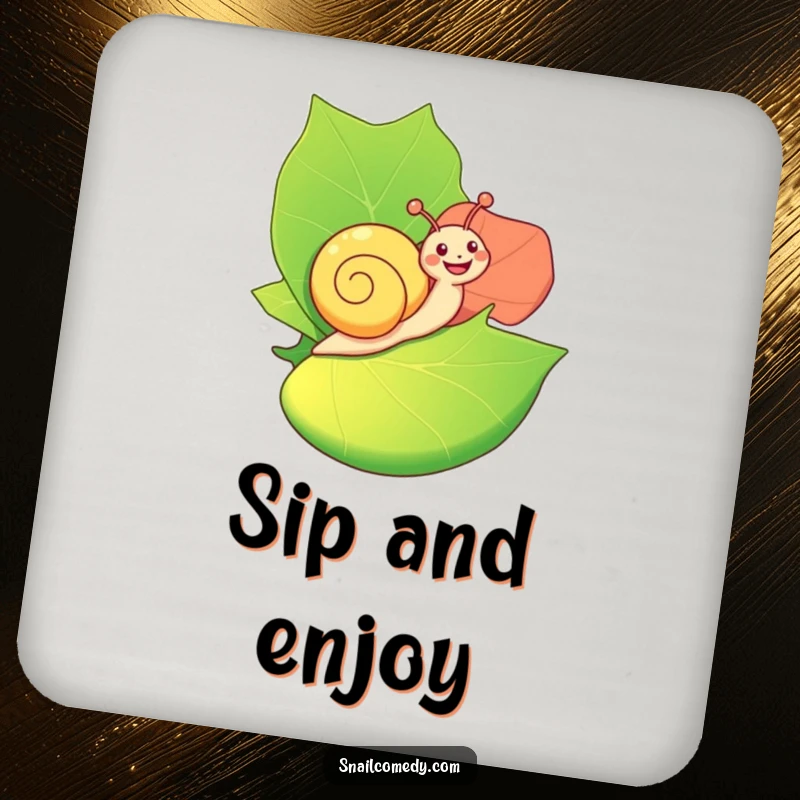 Funny Coasters: A happy snail joyfully rides on a large, colorful leaf, adding a whimsical and protective touch to surfaces.